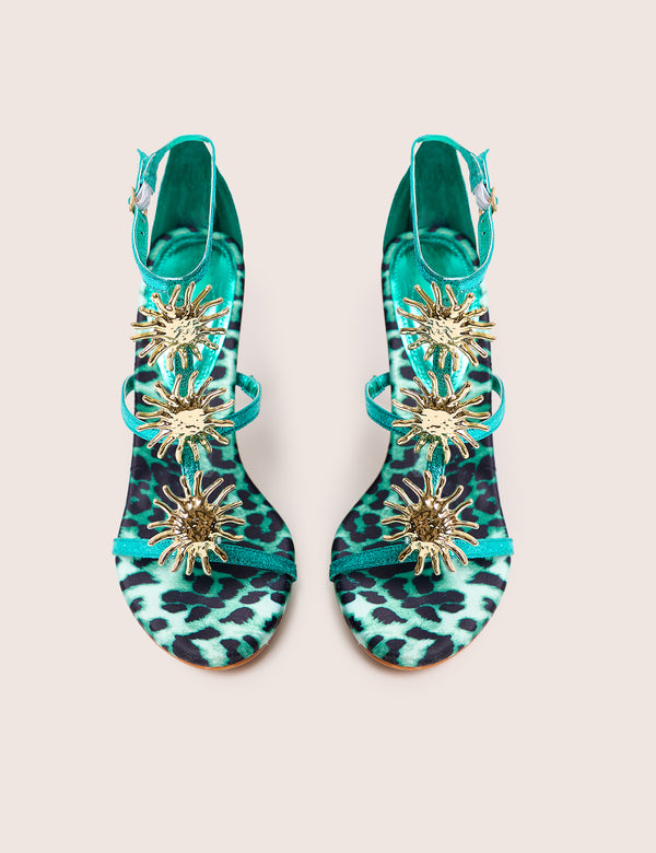 Kitten Green Metallic Sun Embellishment High Heels