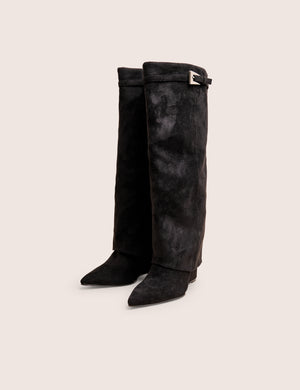Kola Black Fold Over Buckle Detail Heeled Boots