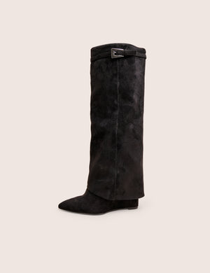 Kola Black Fold Over Buckle Detail Heeled Boots