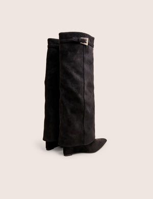Kola Black Fold Over Buckle Detail Heeled Boots