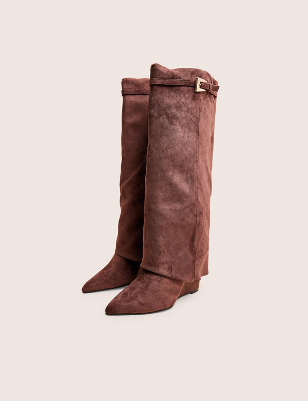 Kola Brown Fold Over Buckle Detail Heeled Boots