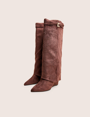 Kola Brown Fold Over Buckle Detail Heeled Boots