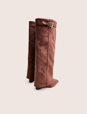 Kola Brown Fold Over Buckle Detail Heeled Boots