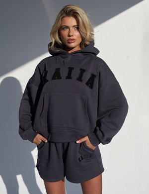 Kaiia Slogan Oversized Hoodie Dark Grey