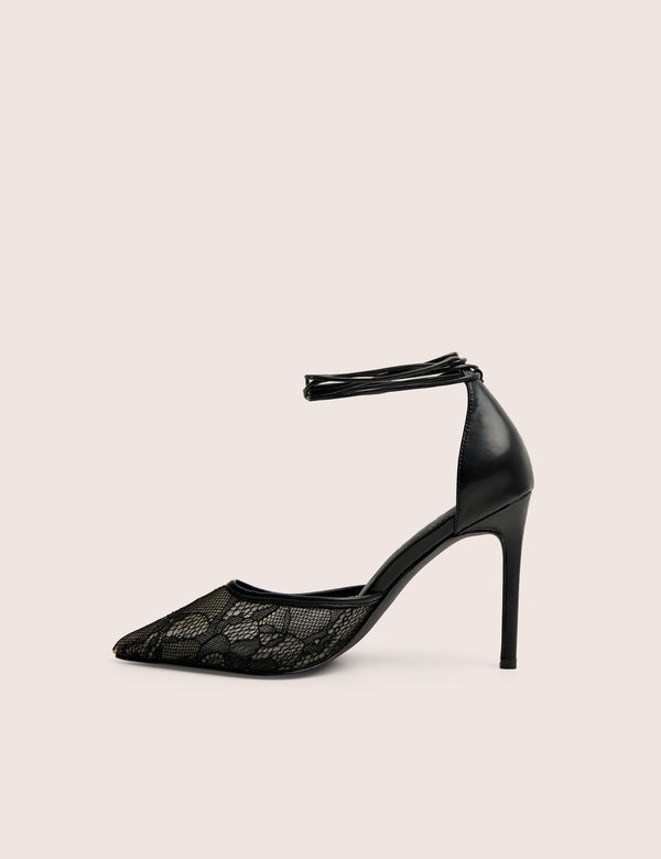Laced Up Black Lace Wrap Around Pointed Toe Heels