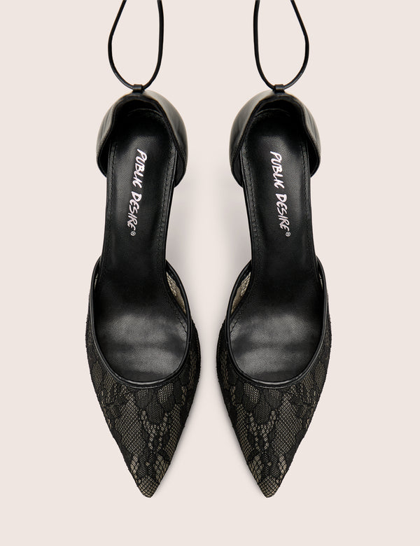 Laced Up Black Lace Wrap Around Pointed Toe Heels