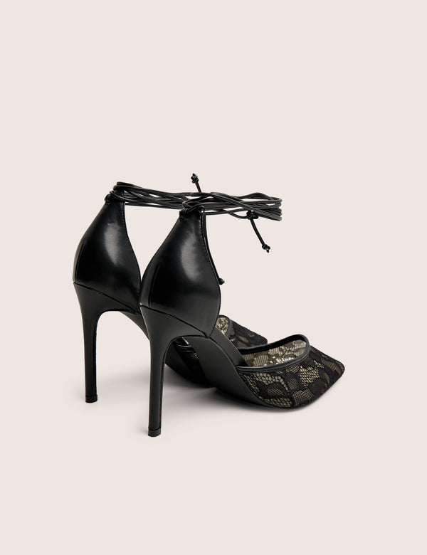 Laced Up Black Lace Wrap Around Pointed Toe Heels