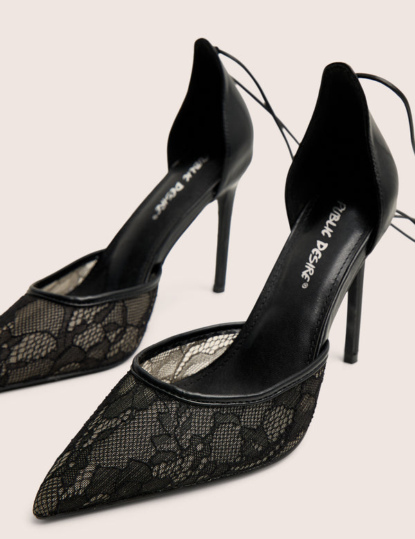 Laced Up Black Lace Wrap Around Pointed Toe Heels