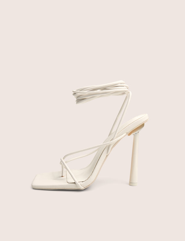 Lacey White Square Toe Strappy Lace Up Stiletto Heels
