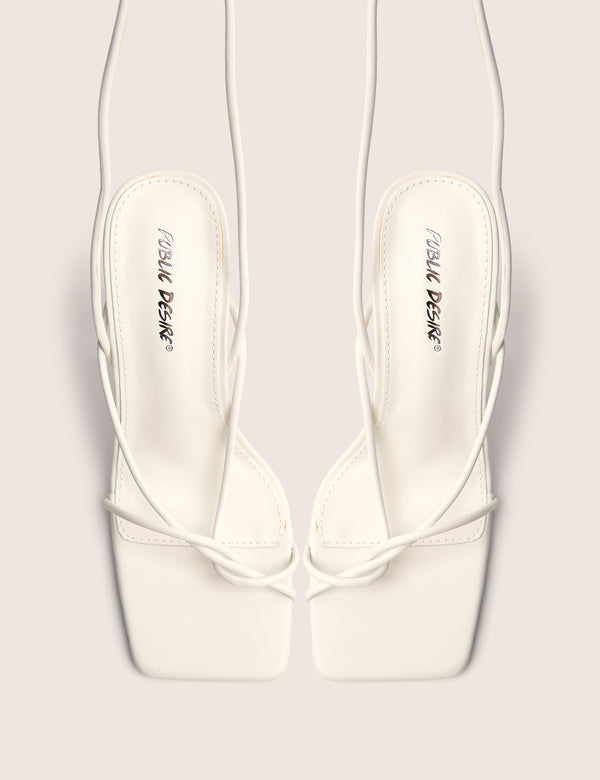 Lacey White Square Toe Strappy Lace Up Stiletto Heels