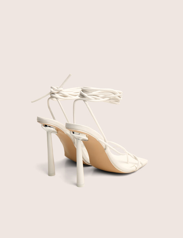 Lacey White Square Toe Strappy Lace Up Stiletto Heels