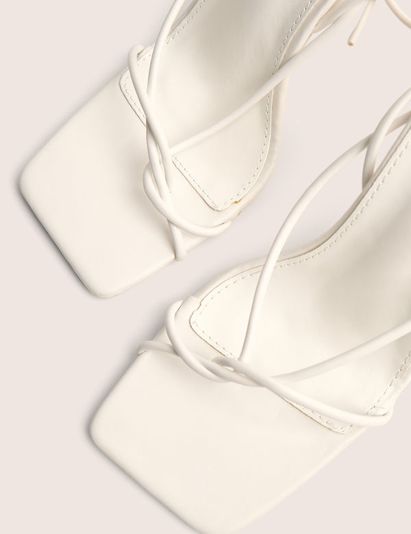 Lacey White Square Toe Strappy Lace Up Stiletto Heels