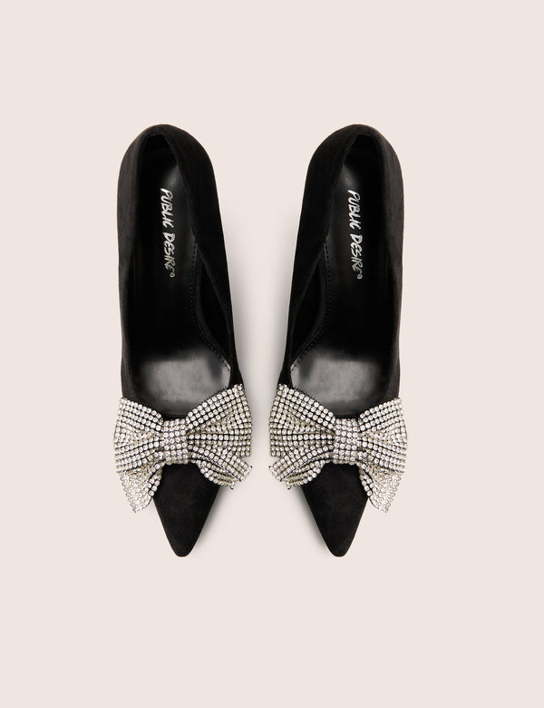Ladies Night Black Embellished Bow Detail Court High Heels