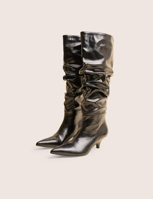 La Dolce Vita Black Ruched Kitten Heel Knee High Boots