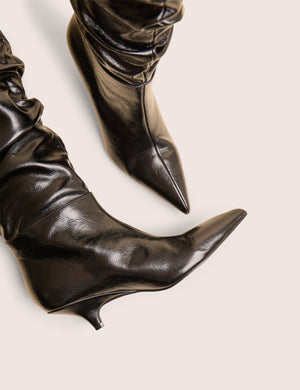 La Dolce Vita Black Ruched Kitten Heel Knee High Boots