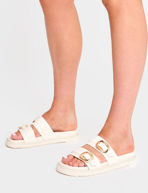 Lapis Cream Pu Buckle Detail Double Strap Slider Sandals