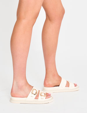 Lapis Cream Pu Buckle Detail Double Strap Slider Sandals