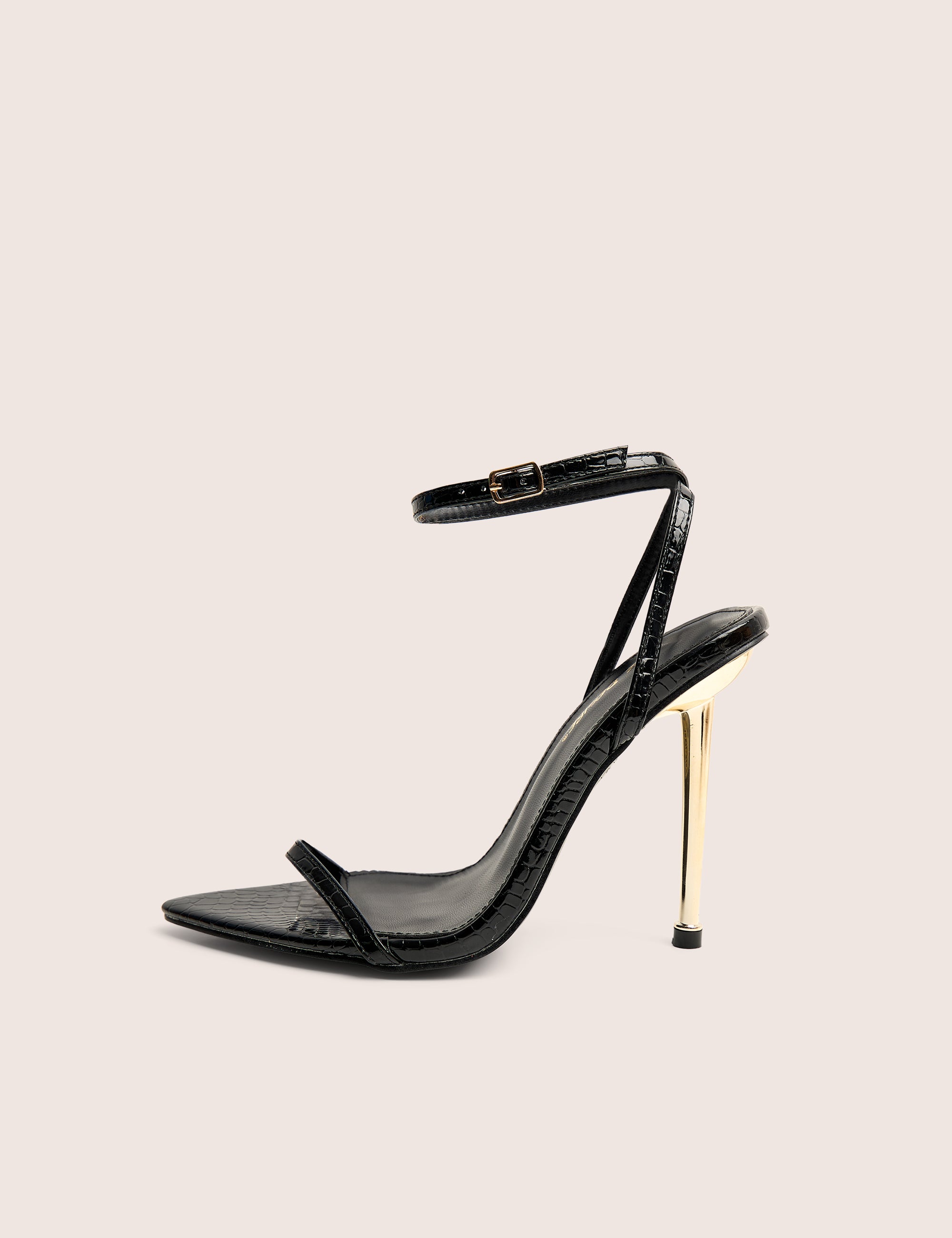 Legacy Black Patent Croc Barely There Pointed Toe Gold Stiletto