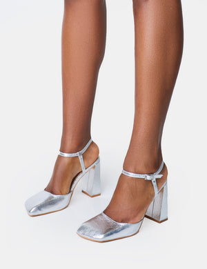 Leighton Cracked Silver Slant Toe Block Heels