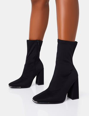 Liberty Wide FIt Black Lycra Sock Block Heeled Ankle Boots
