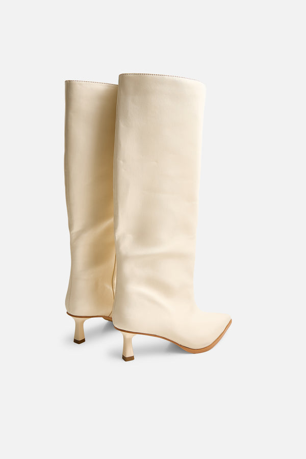 Lola Cream Pu Kitten Heel Knee High Boot