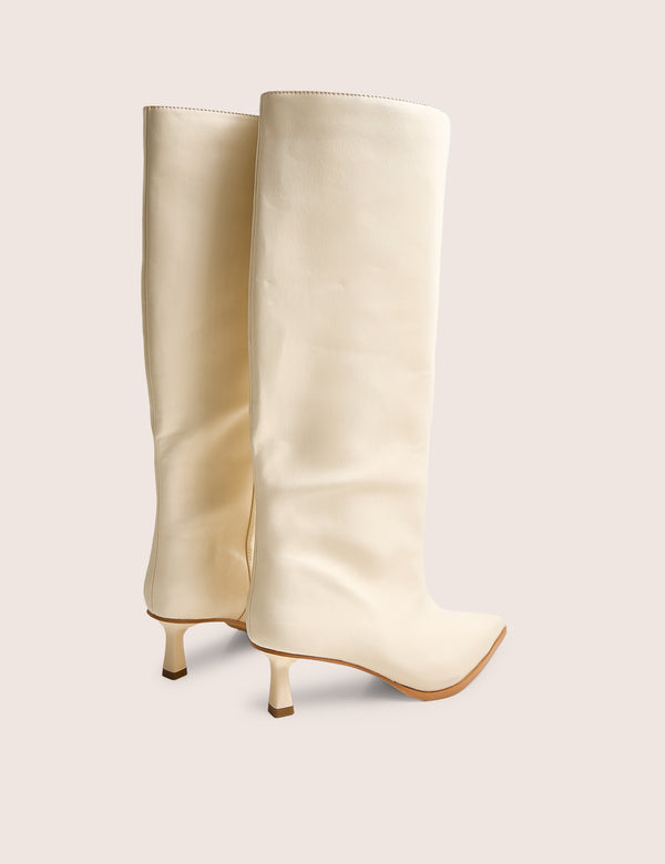 Lola Cream Pu Kitten Heel Knee High Boot