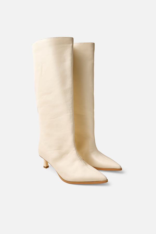 Lola Cream Pu Kitten Heel Knee High Boot