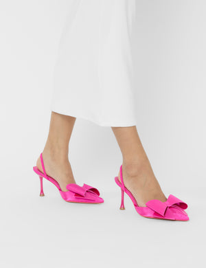 Loren Fuchsia Satin Bow Detail Slingback Court Mid Heels