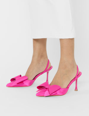 Loren Fuchsia Satin Bow Detail Slingback Court Mid Heels