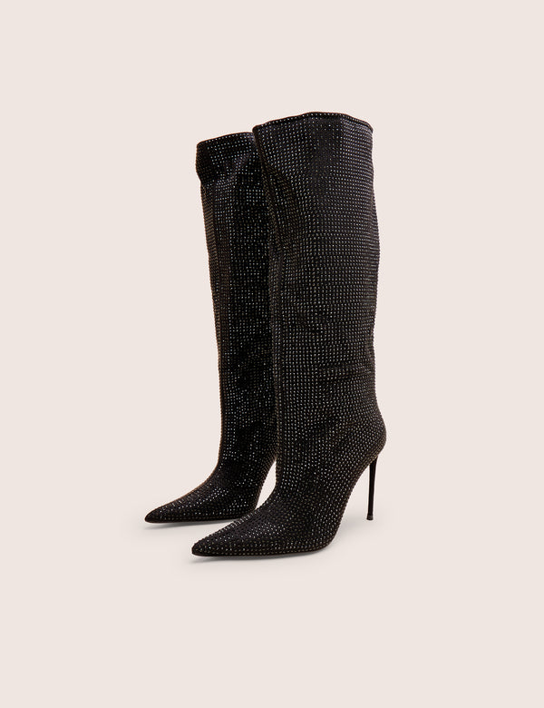 Lothario Black Diamante Knee High Boots