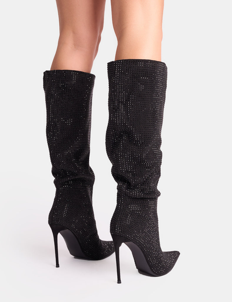 Lothario Black Diamante Knee High Boots Public Desire