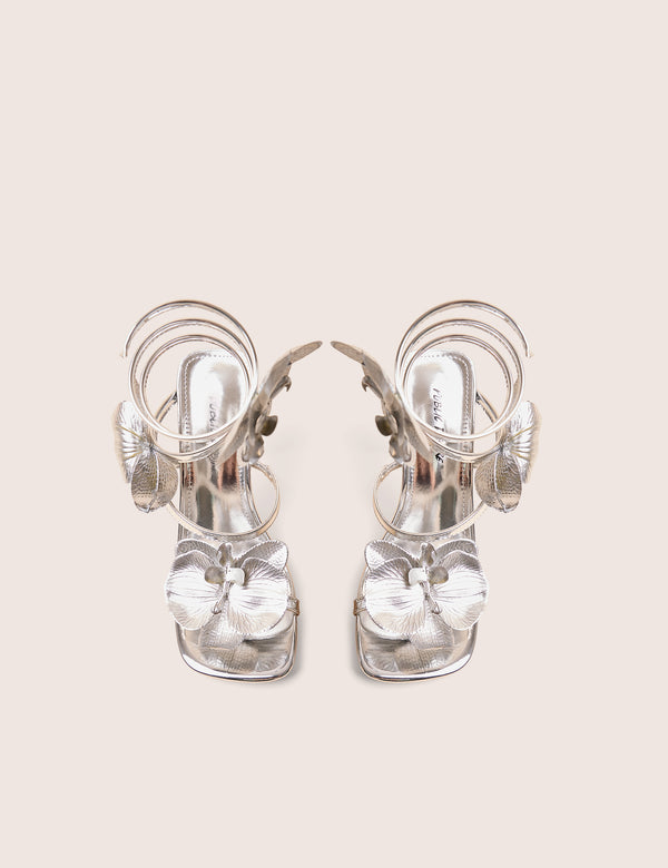 Lotus Silver Mirror & Silver Flower Trim Wrap Around Flared Stiletto High Heels