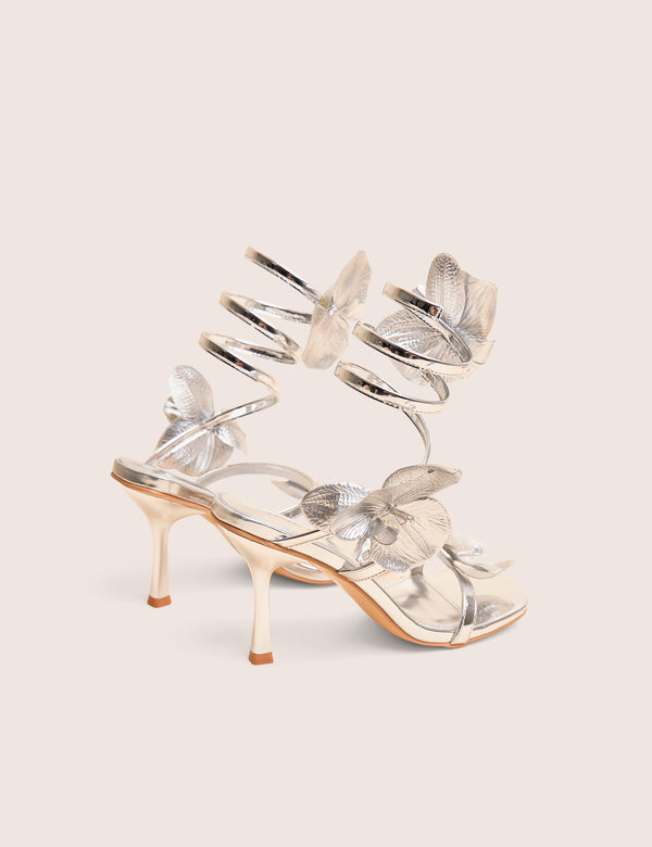 Lotus Silver Mirror & Silver Flower Trim Wrap Around Flared Stiletto High Heels