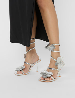 Lotus Silver Mirror & Silver Flower Trim Wrap Around Flared Stiletto High Heels