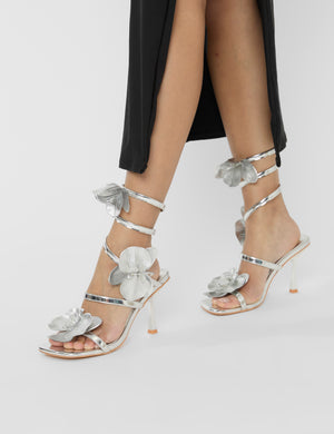 Lotus Silver Mirror & Silver Flower Trim Wrap Around Flared Stiletto High Heels