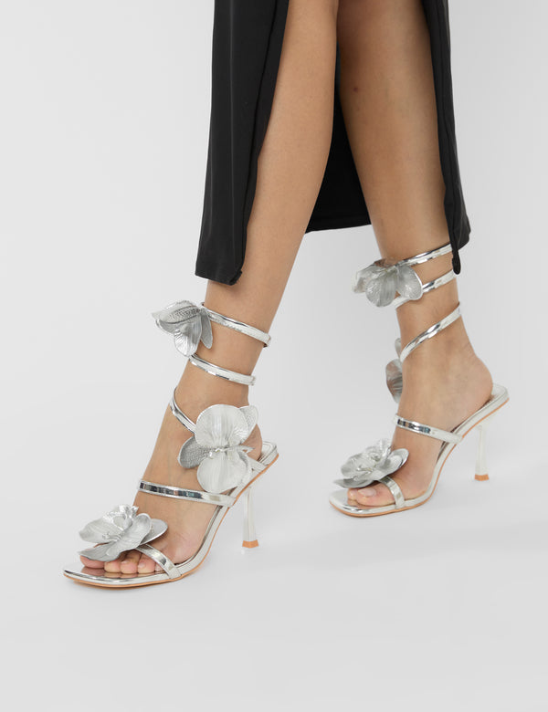 Lotus Silver Mirror & Silver Flower Trim Wrap Around Flared Stiletto High Heels