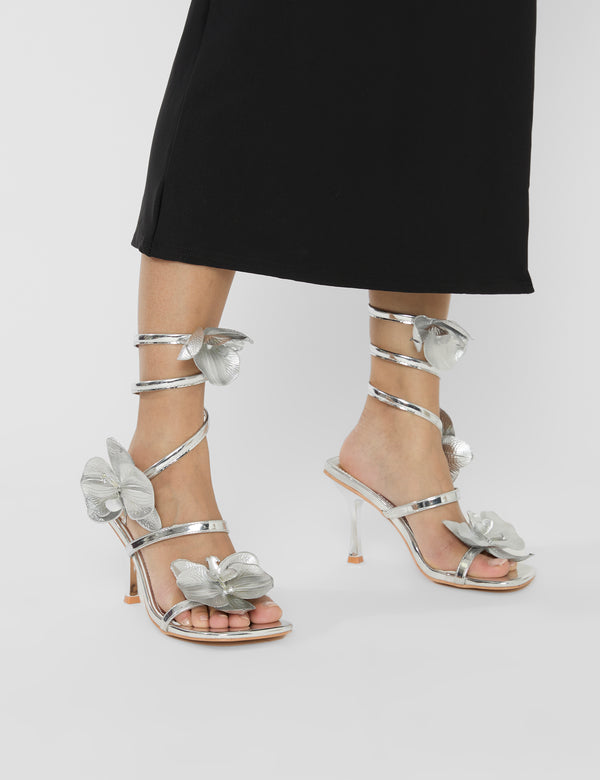 Lotus Silver Mirror & Silver Flower Trim Wrap Around Flared Stiletto High Heels
