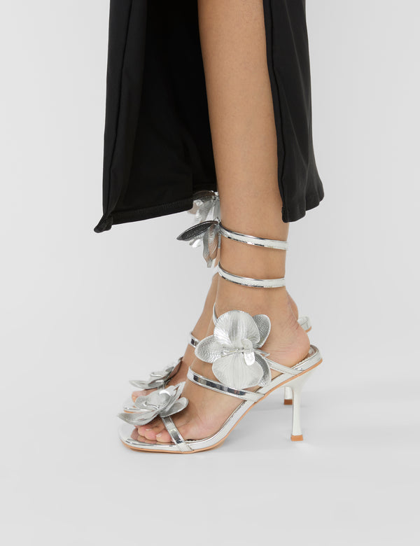 Lotus Silver Mirror & Silver Flower Trim Wrap Around Flared Stiletto High Heels