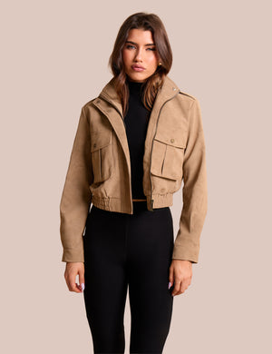 Faux Suede Cropped Bomber Jacket Beige