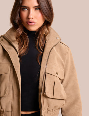 Faux Suede Cropped Bomber Jacket Beige