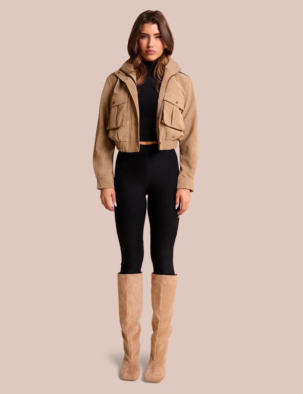 Faux Suede Cropped Bomber Jacket Beige