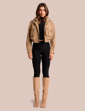 Faux Suede Cropped Bomber Jacket Beige
