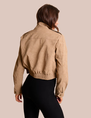 Faux Suede Cropped Bomber Jacket Beige