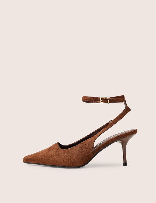 Louis Chocolate Suedette Ankle Strap Court Mid Heels