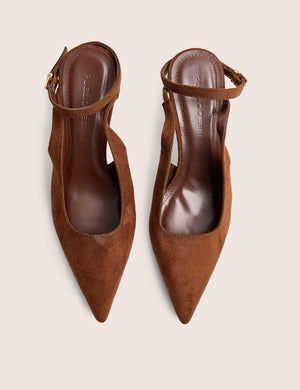 Louis Chocolate Suedette Ankle Strap Court Mid Heels