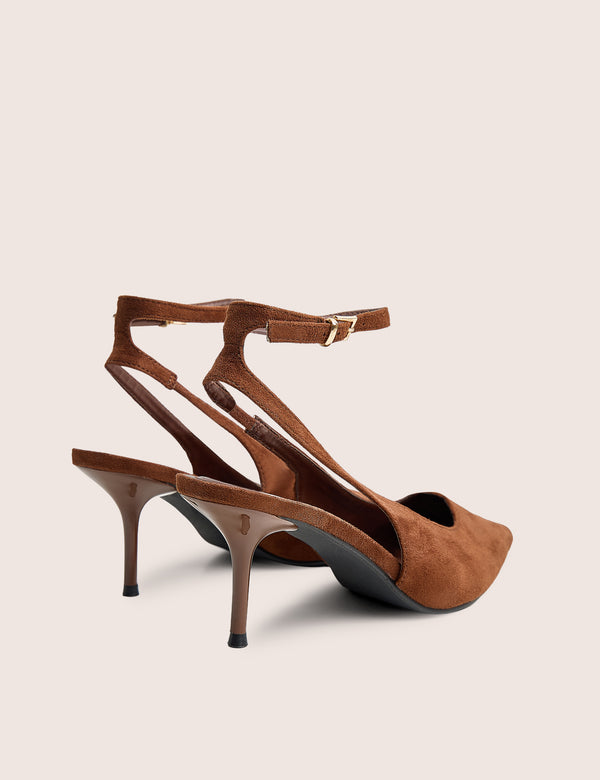 Louis Chocolate Suedette Ankle Strap Court Mid Heels