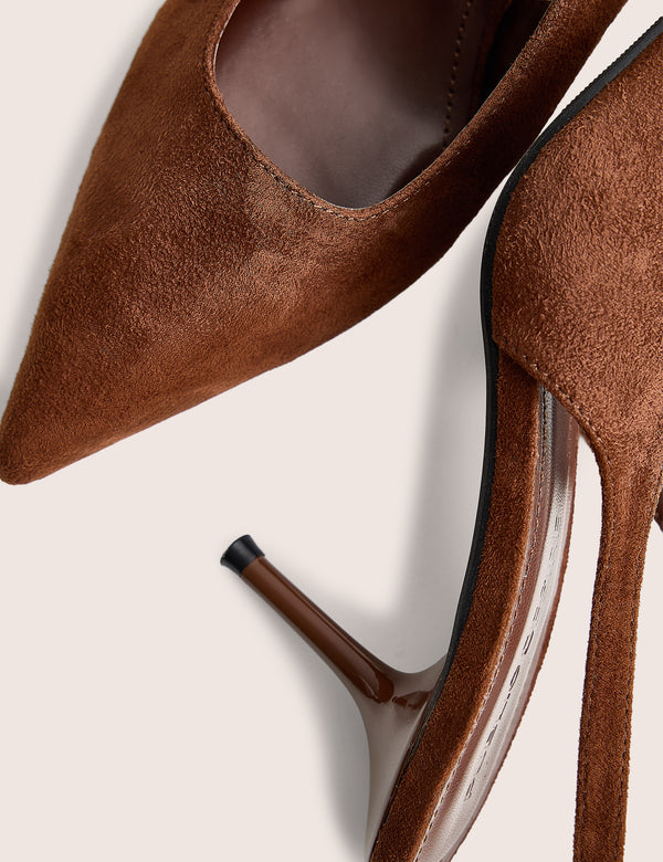 Louis Chocolate Suedette Ankle Strap Court Mid Heels