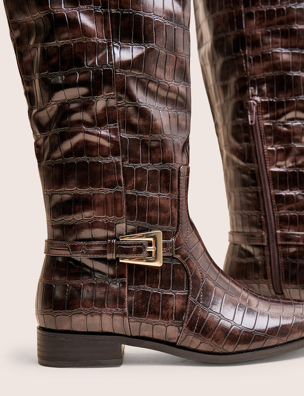 Mackie Brown Croc Buckle Detail Knee High Riding Boot