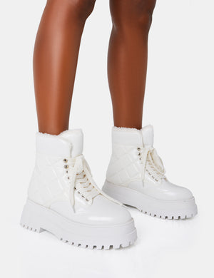 Magda White Patent Quilted Chunky Sole Rounded Toe Ankle Boots