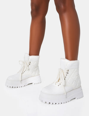 Magda White Patent Quilted Chunky Sole Rounded Toe Ankle Boots